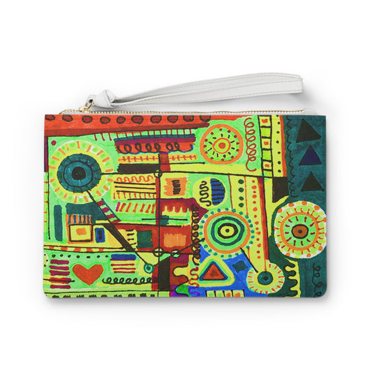 Clutch Bag Featuring Art Piece : Abstract Doodle ll - Version l - Originally Drawn Coloring - Yellow - Green - Orange - Blue Hues - The Art Medium is Handdrawn Alcohol Marker Drawing