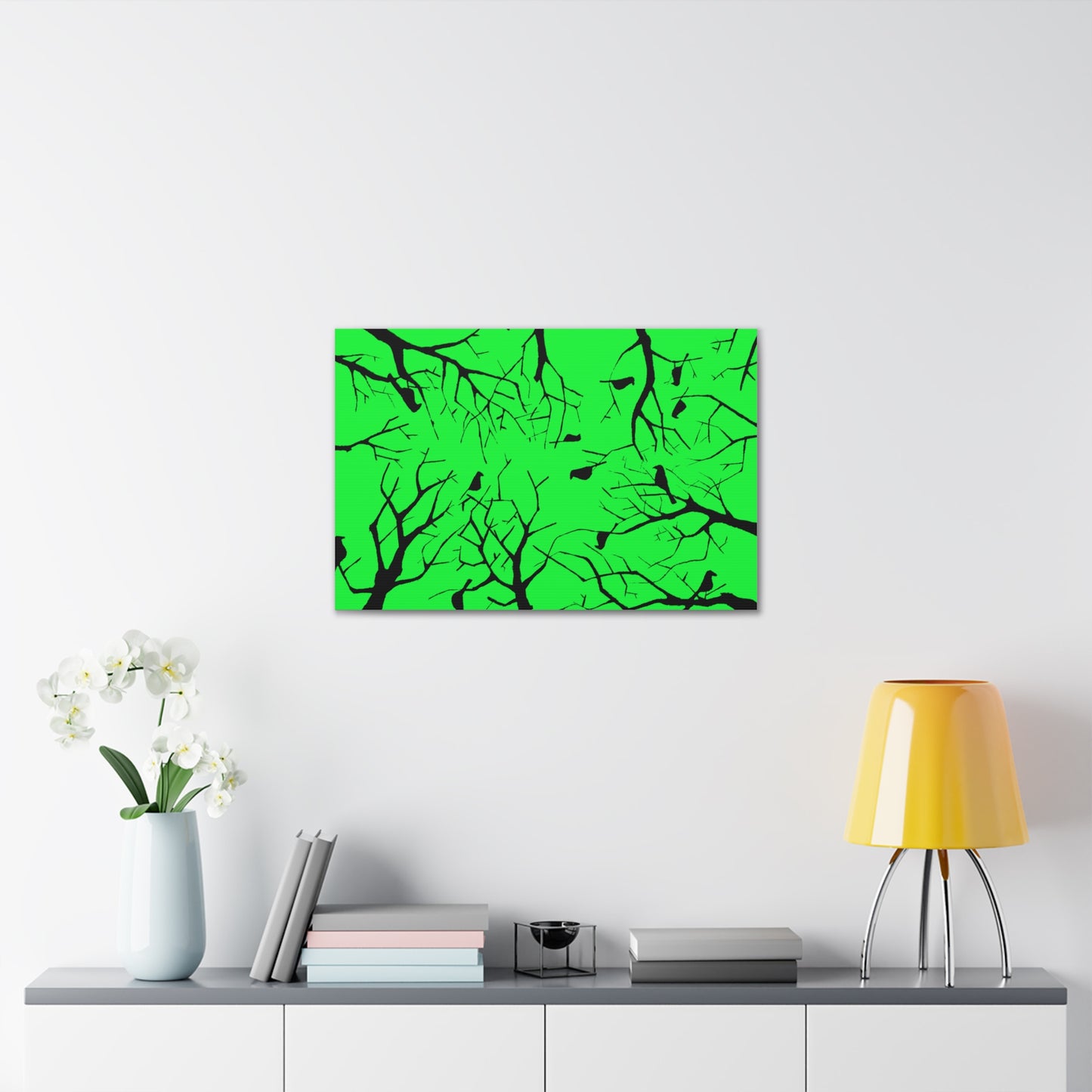 Birds in Trees with Bright Green Background on Canvas Gallery Wraps