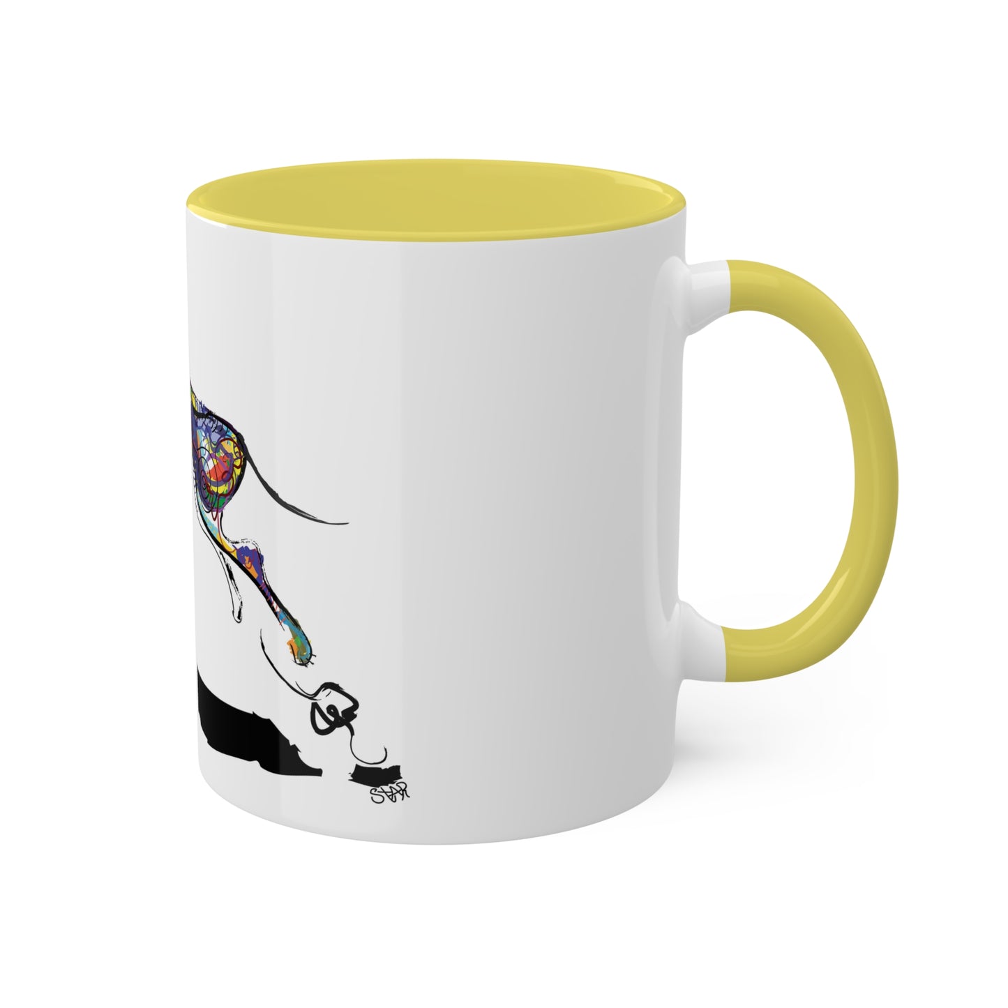 Dog and Frisbee on Colorful Mugs, 11oz