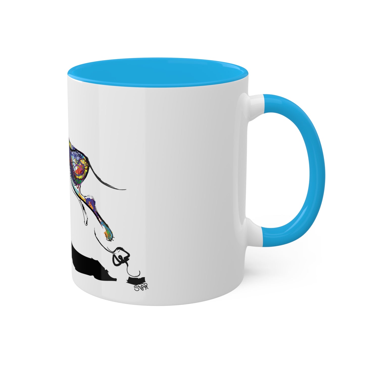 Dog and Frisbee on Colorful Mugs, 11oz