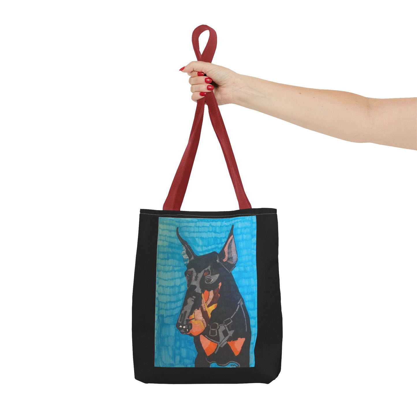 Mojo the Doberman Dog Pet Portrait on a Black Tote Bag