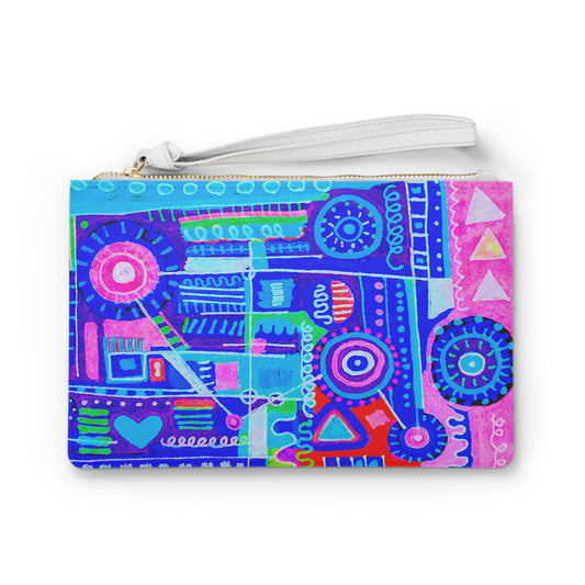 Clutch Bag Featuring Art Piece : Abstract Doodle ll - Version lll - Purple + Pink + Aqua Coloring - The Art Medium is Handdrawn Alcohol Marker Drawing