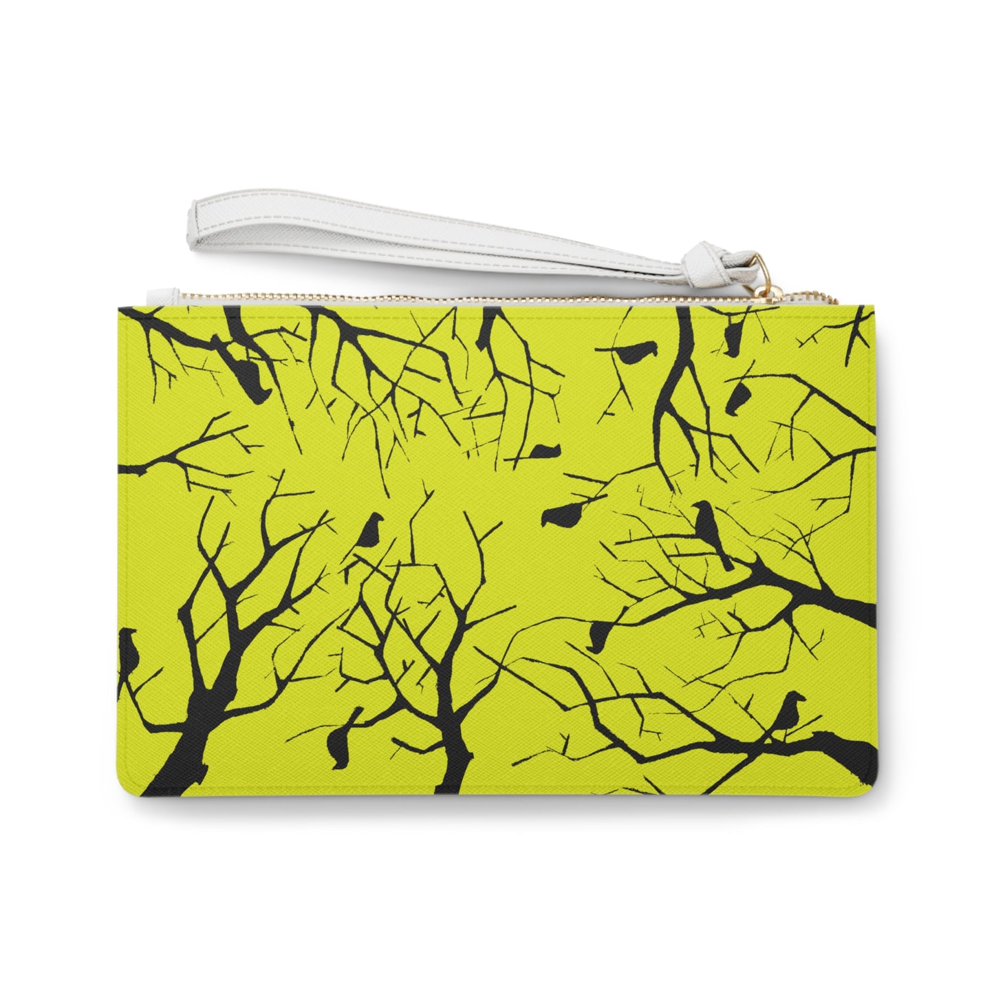 Birds in Trees Art Piece with a Mustard Toned Yellow Background on An Adorable Clutch Bag