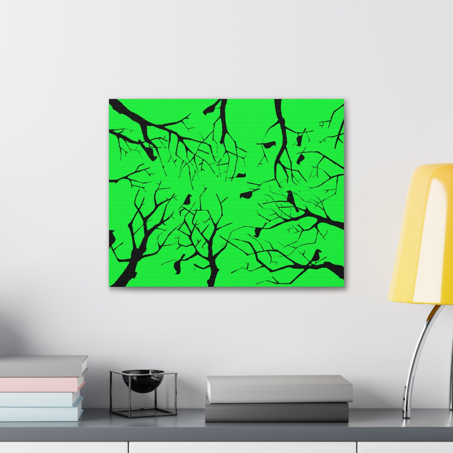 Birds in Trees with Bright Green Background on Canvas Gallery Wraps