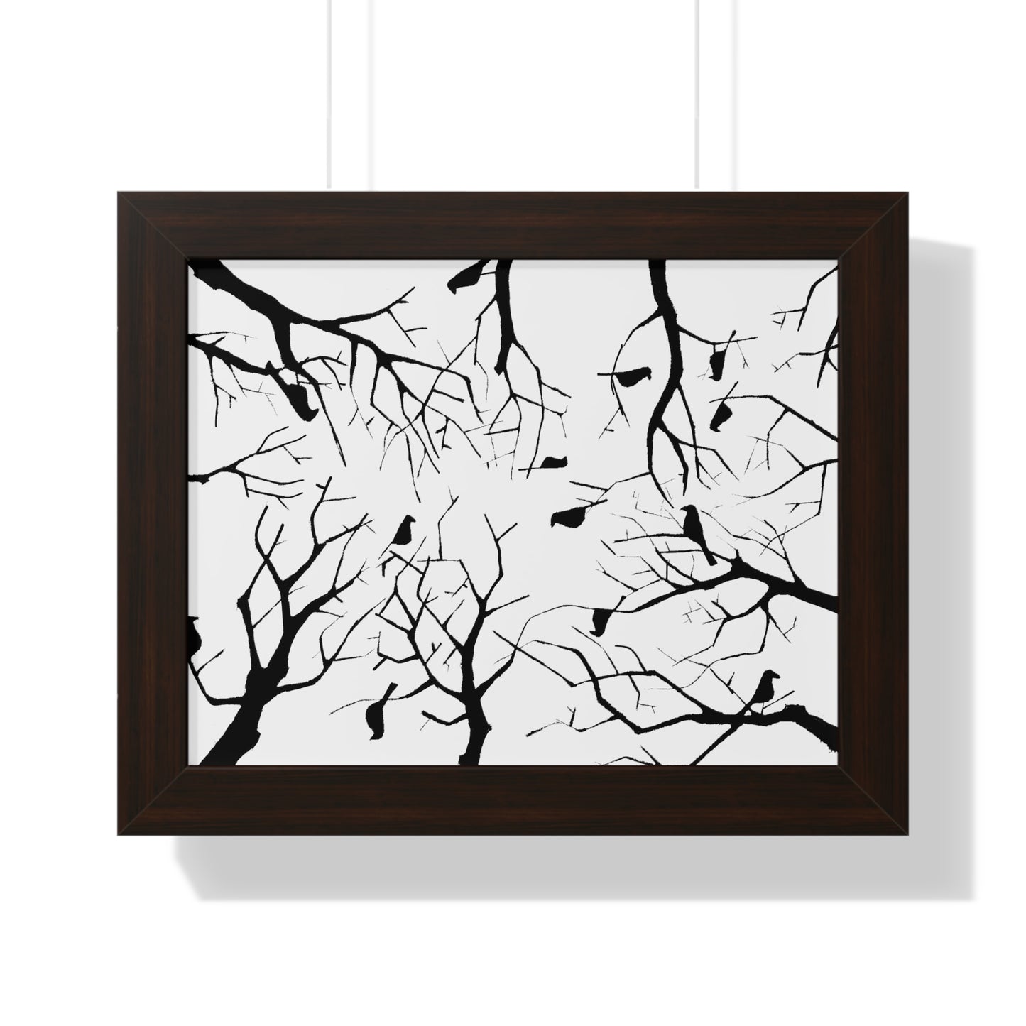 Birds in Trees on White Background Color in Framed Horizontal Poster