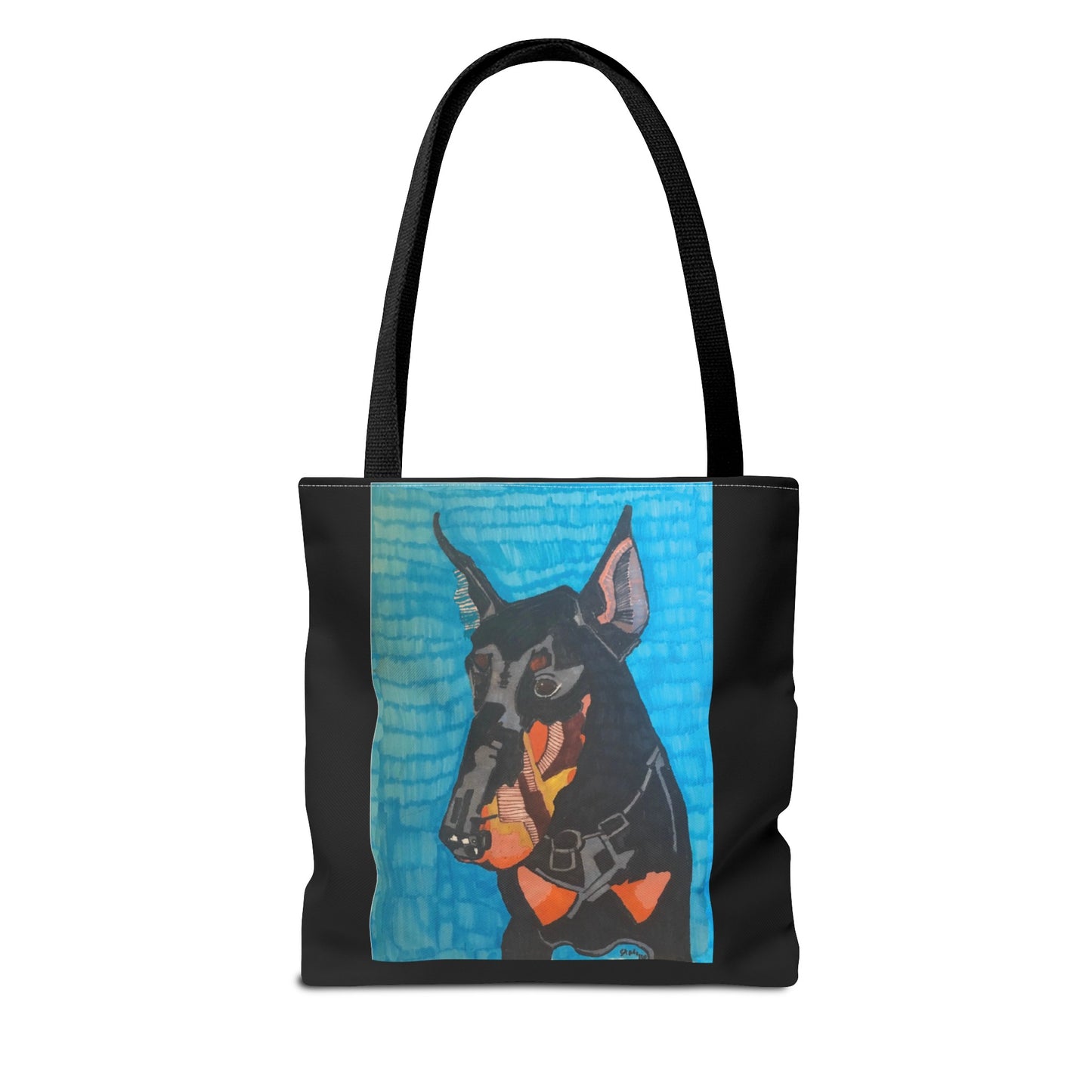 Mojo the Doberman Dog Pet Portrait on a Black Tote Bag