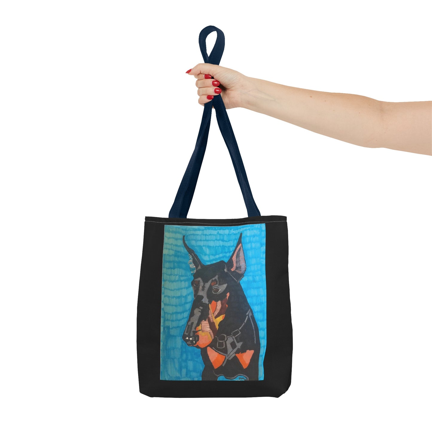 Mojo the Doberman Dog Pet Portrait on a Black Tote Bag