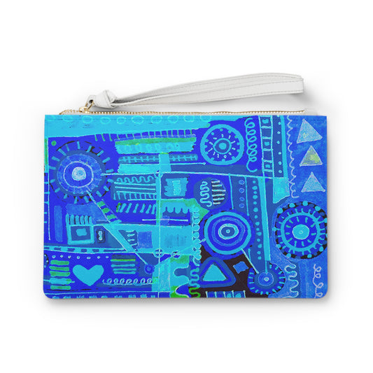 Clutch Bag Featuring Art Piece : Abstract Doodle ll - Version ll - Cooler Blue + Aqua Blue Hues - Alcohol Marker Drawing