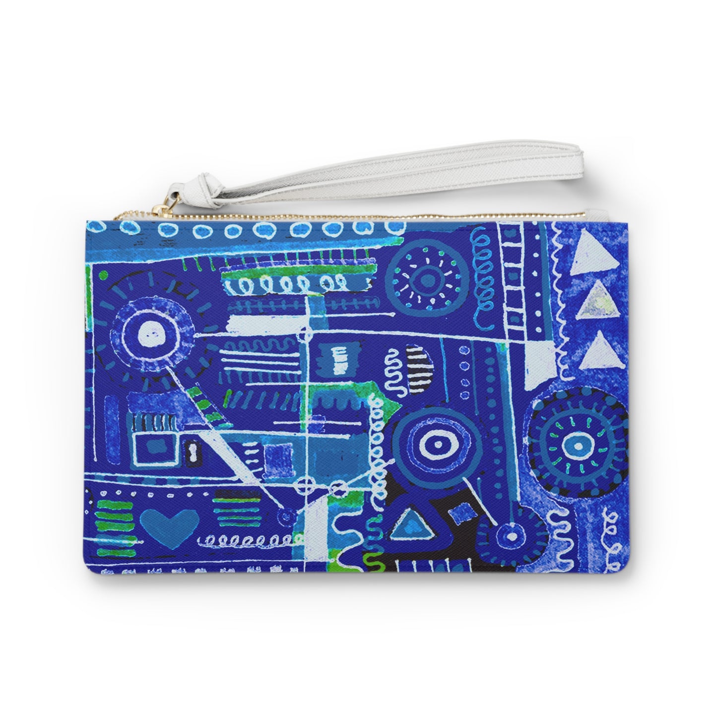 Clutch Bag Featuring Art Piece : Abstract Doodle ll - Version lX - Very Dark Blue Hues + Black Hues + White Hues - Art Medium is Alcohol Marker Drawing