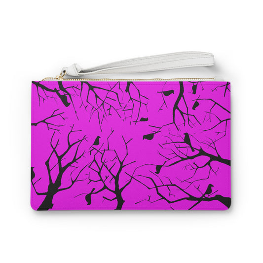 Birds in Trees Art Piece With A Hot Pink Background on The Perfect Clutch Bag