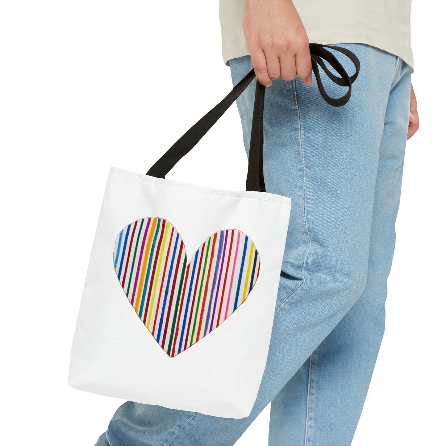 Handdrawn Heart Drawn Out of Straight Rainbow Lines on a Tote Bag